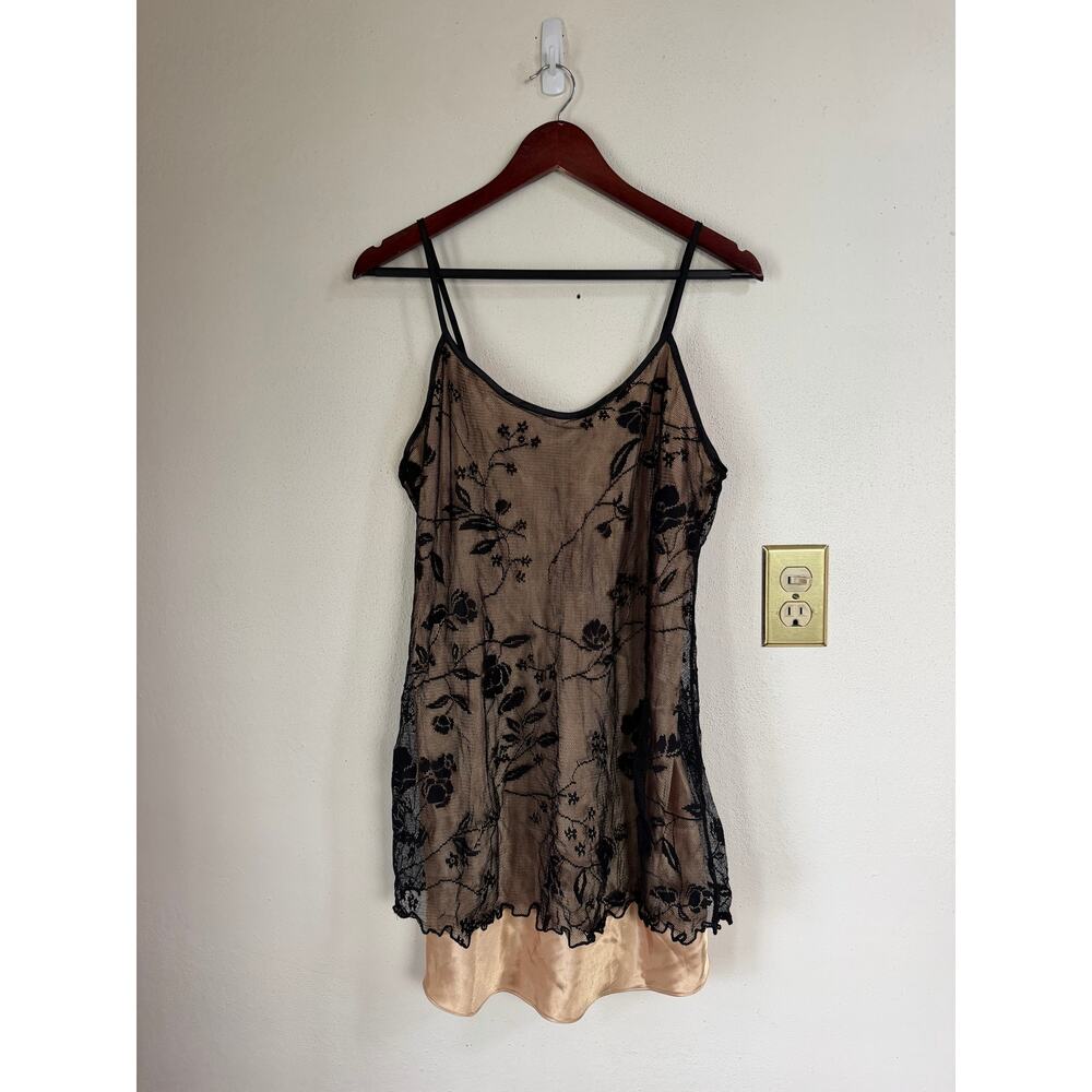 Vintage Y2K 90s LA Intimates Black Gold/ Tan Layered Mesh Tank Top Lingerie Slip
